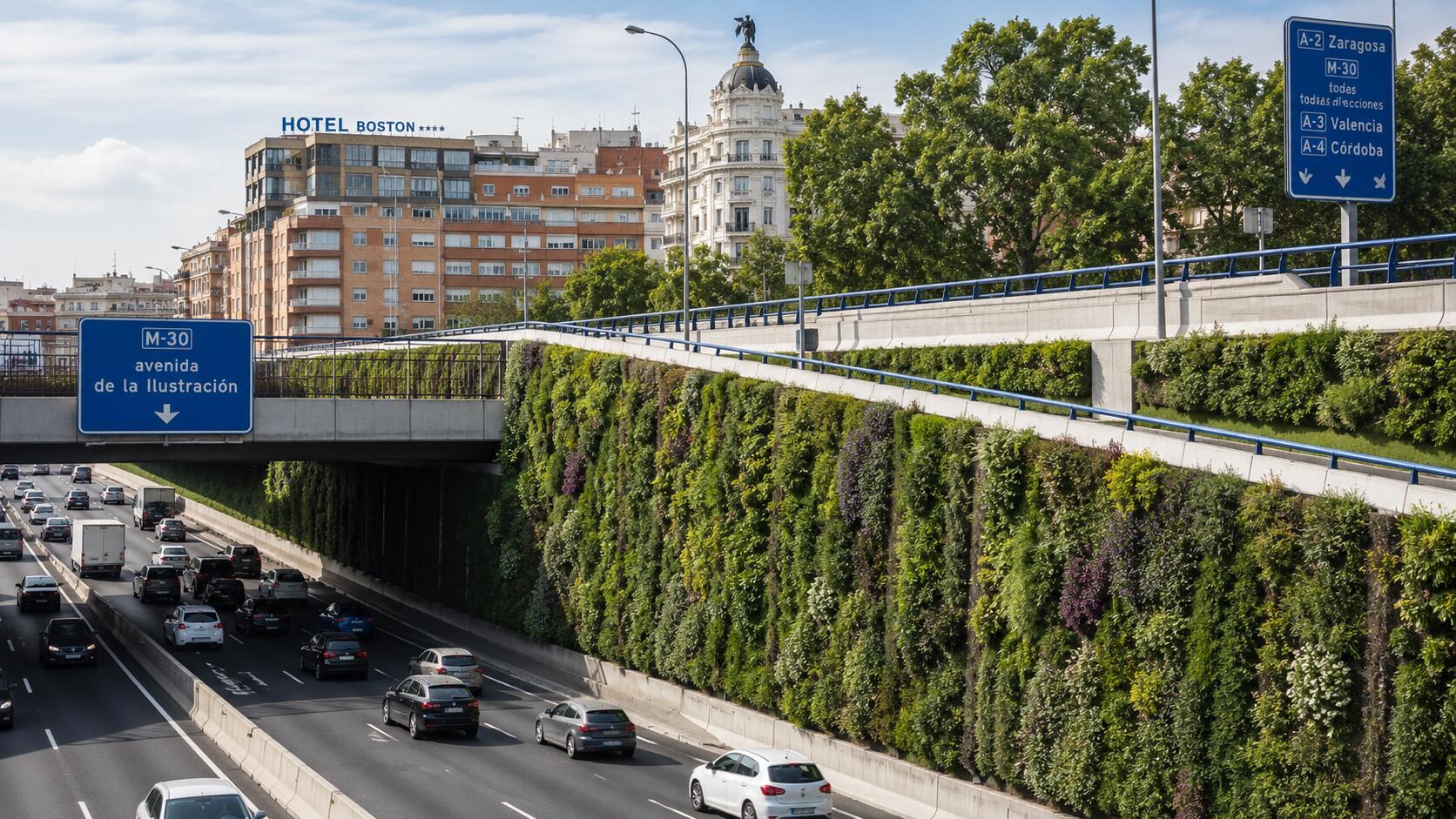Recreación ilustrativa de los jardines verticales previstos en la M-30 a la altura de Ventas