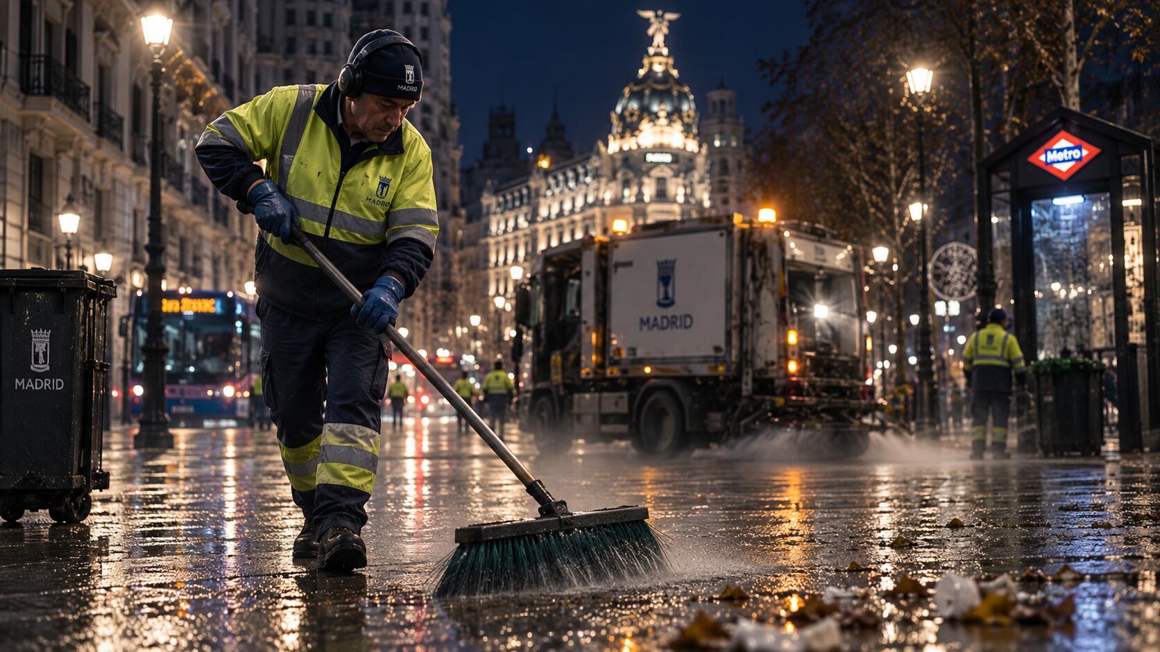 Trabajadores de limpieza y recogida de residuos durante la noche en Madrid