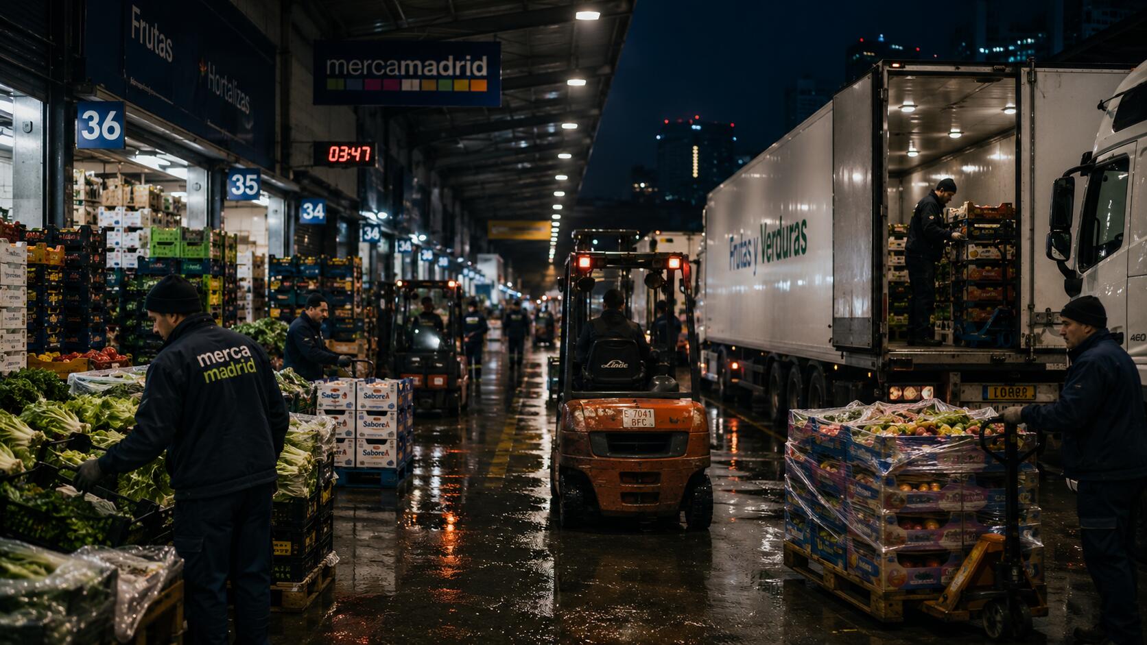 Actividad nocturna de carga, descarga y venta de frutas y verduras en Mercamadrid