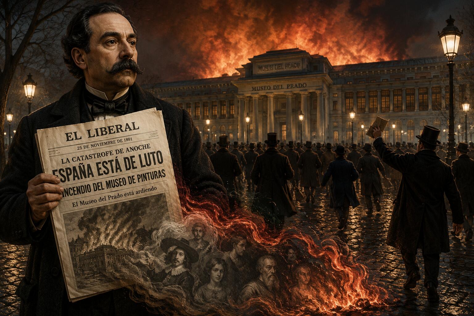 Recreación de Mariano de Cavia sosteniendo El Liberal frente al Museo del Prado durante el incendio ficticio de 1891