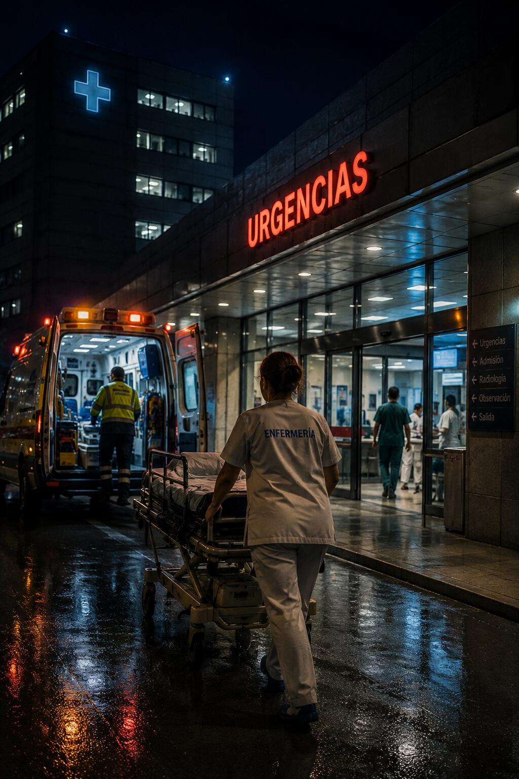 Personal sanitario y ambulancia ante la entrada nocturna de Urgencias de un hospital