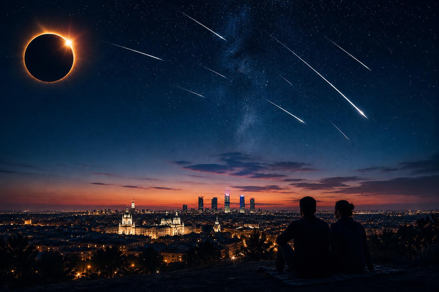 Eclipse solar y lluvia de estrellas Perseidas sobre el cielo nocturno de Madrid