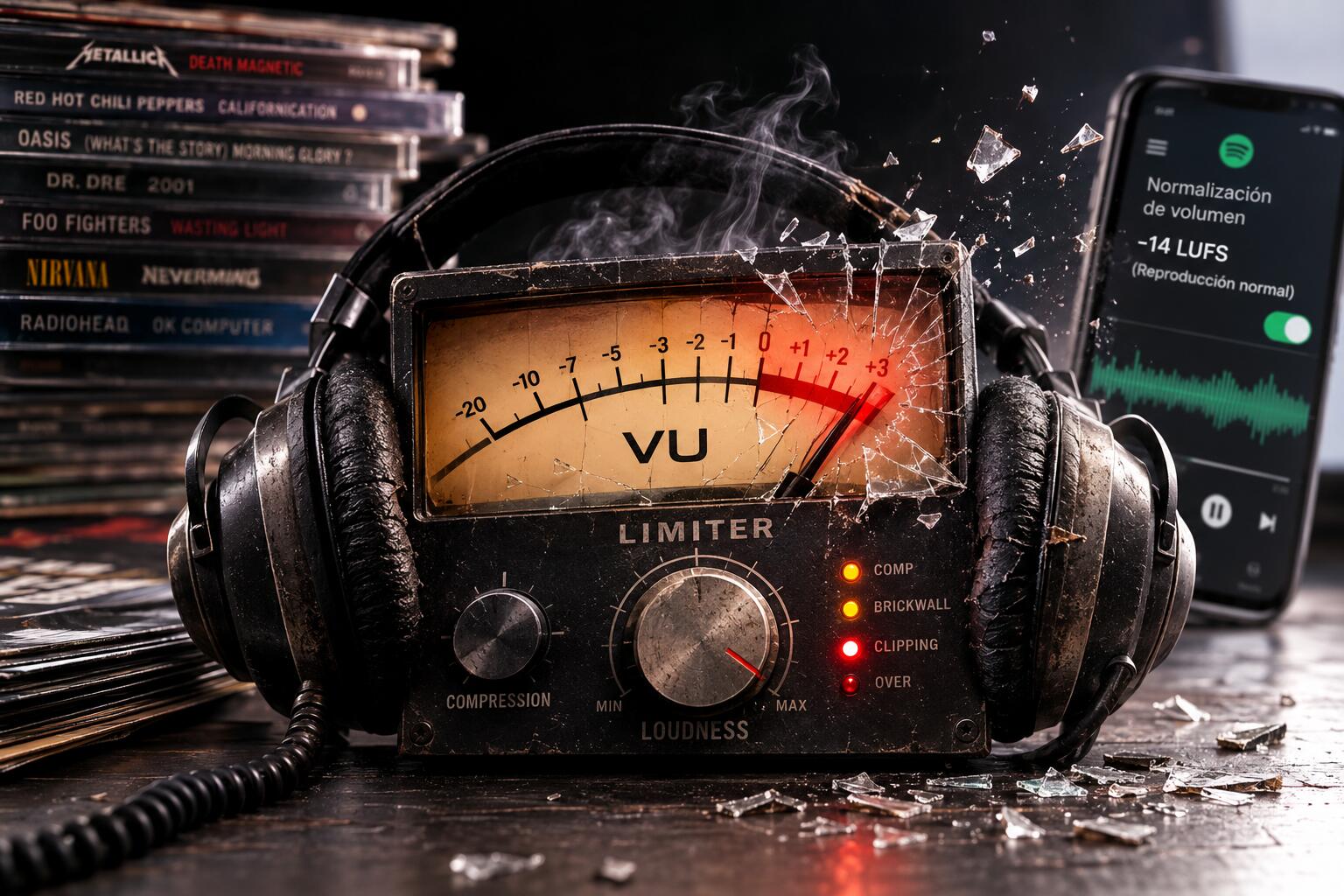 Medidor VU llevado al límite junto a controles de compresión y clipping, auriculares y una pantalla con normalización a -14 LUFS